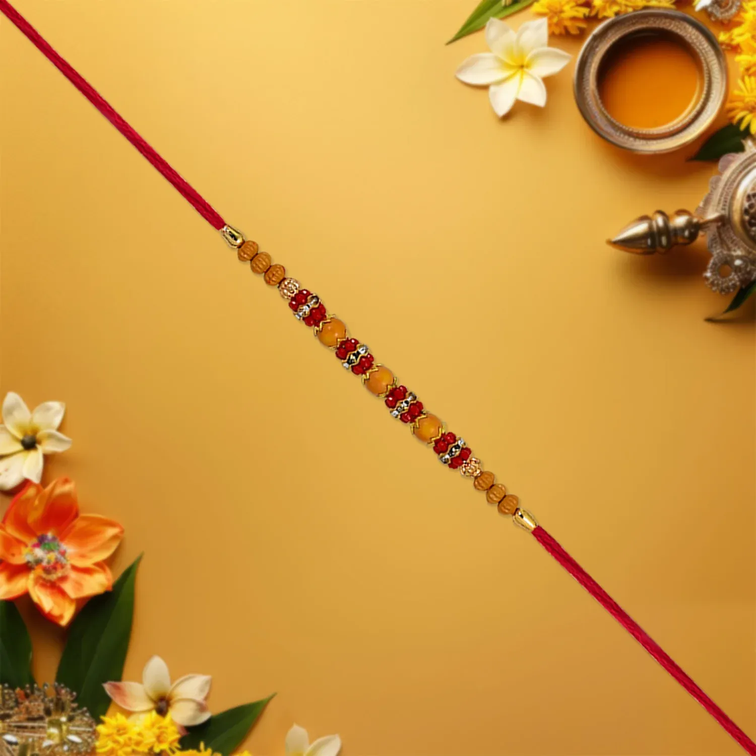 Multicolor Beaded Rakhi – Festive Stone Detail & Red Thread - Detailed Feature View 1