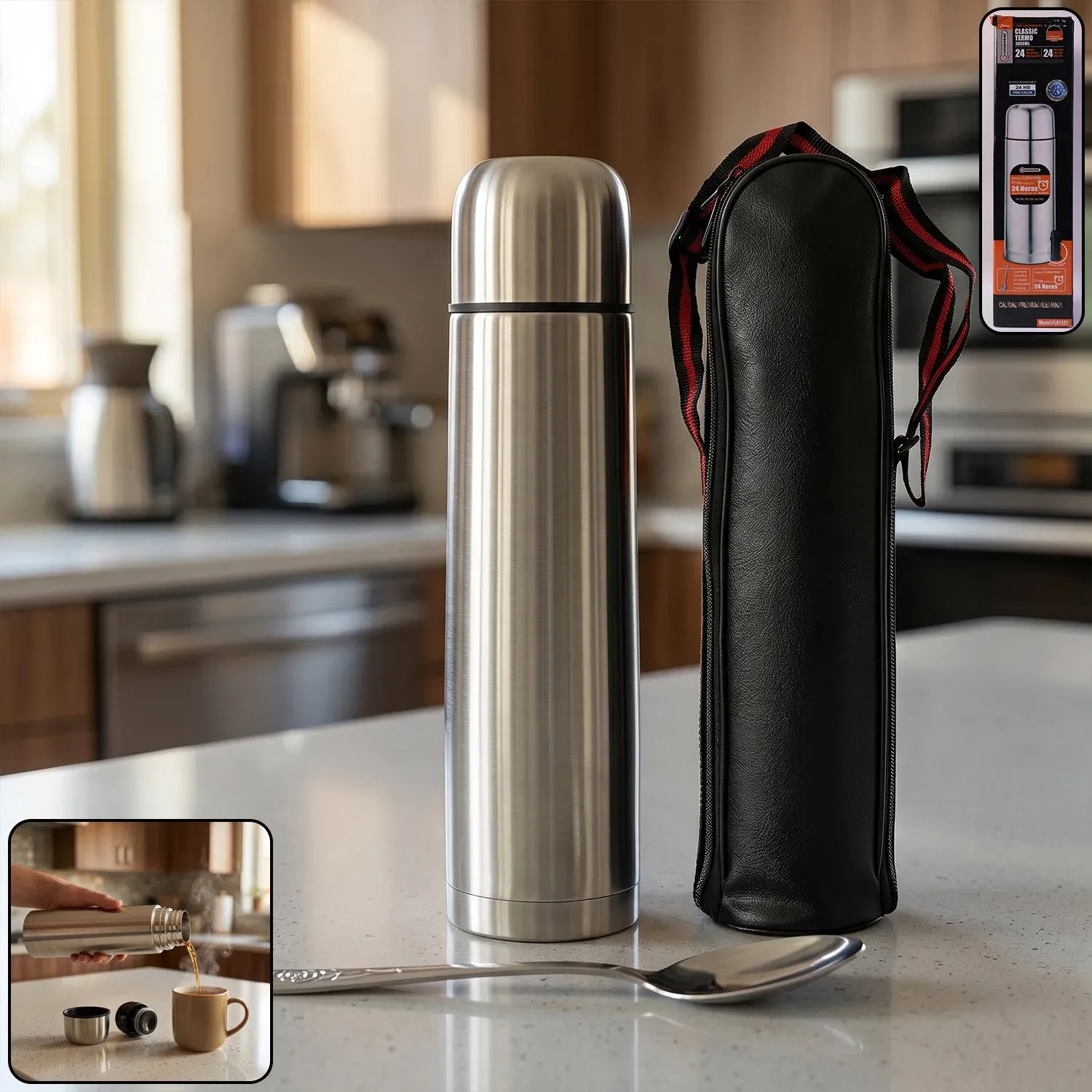 Premium Stainless Steel Vacuum Flask – 1000ML with Carry Bag & Spoon - Buy Online at Alikart