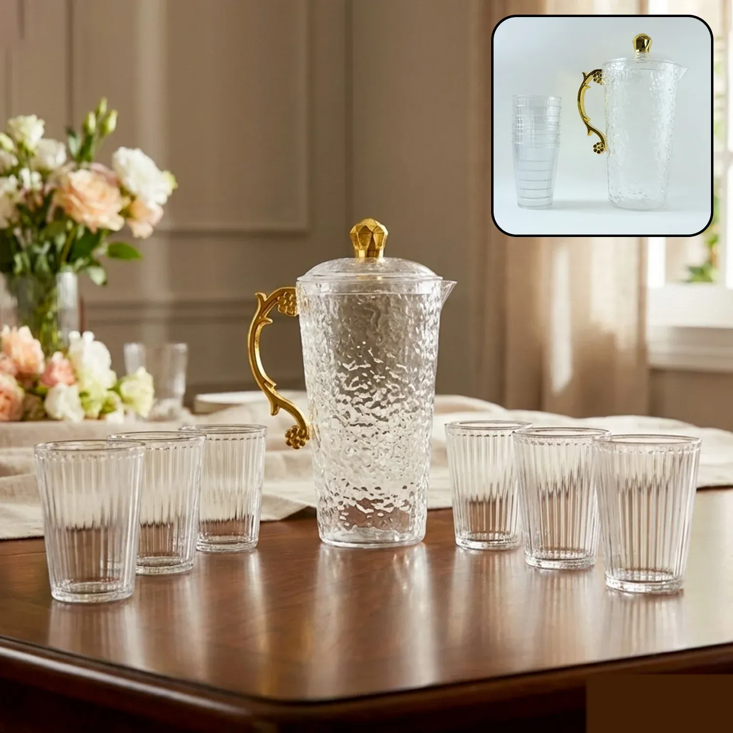 Premium Textured Glass Water Jug Set – Elegant 1 Jug with 6 Glasses - Buy Online at Alikart