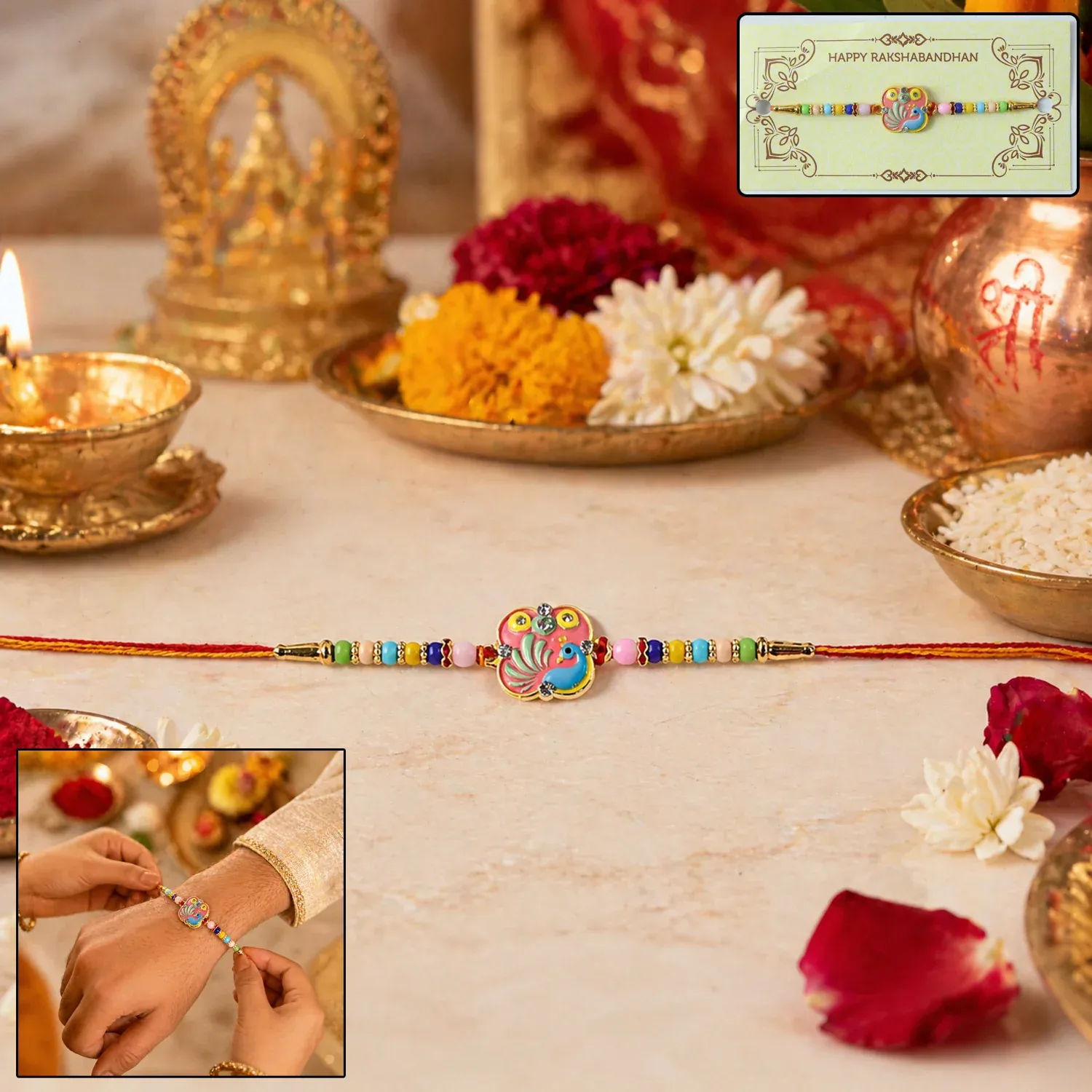 Peacock Rakhi – Exquisite Beaded Design for Traditional Raksha Bandhan - Detailed Feature View 1