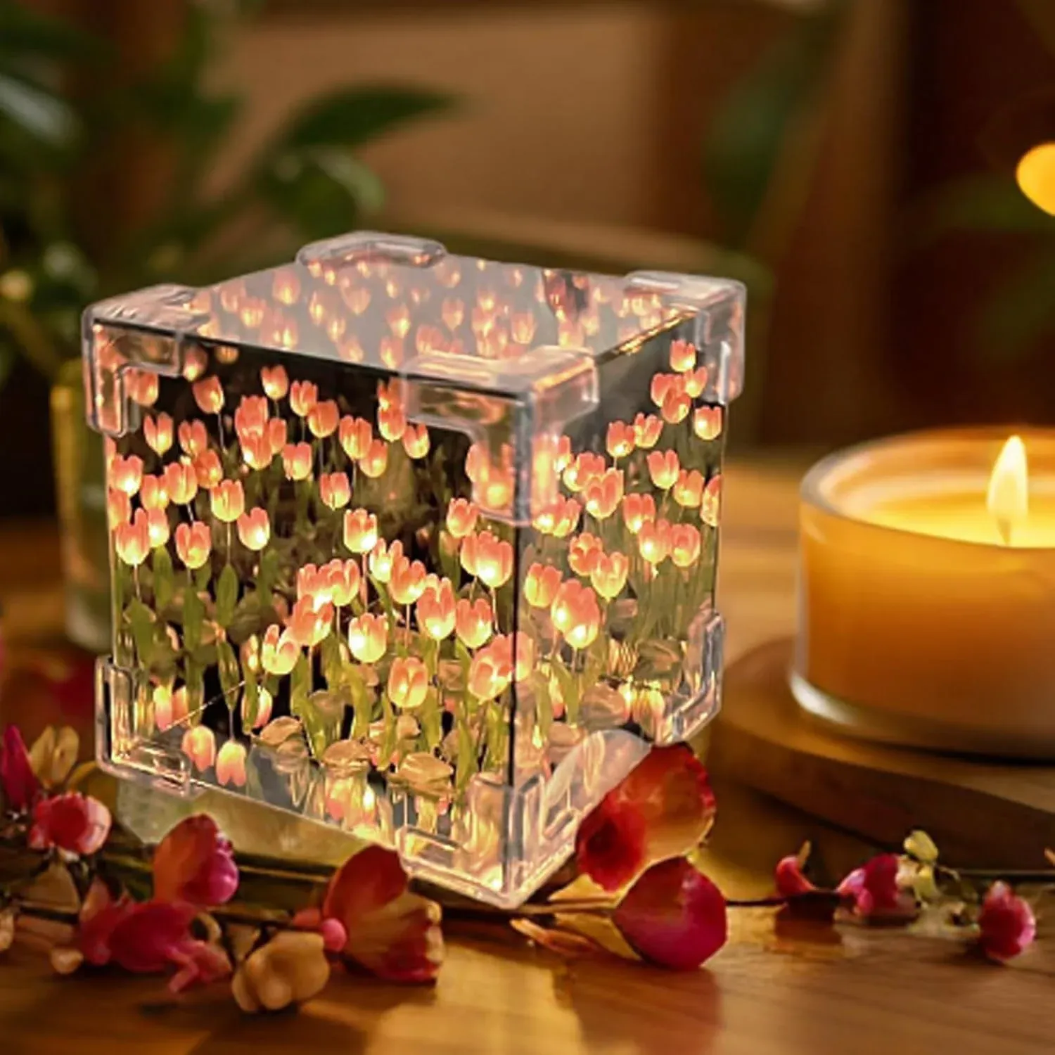Premium Tulip Flower LED Cube Night Lamp – Warm Ambient Decorative Light - Buy Online at Alikart