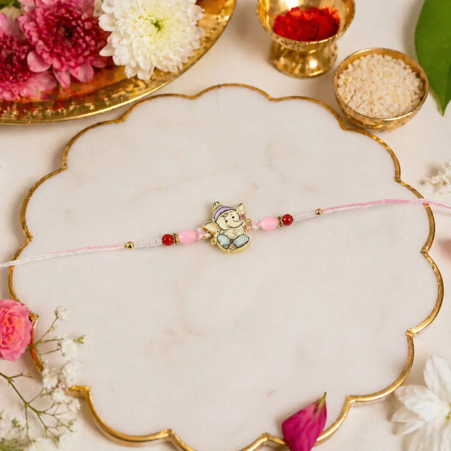Ganesha Rakhi – Beautiful Pink and Red Beads for Raksha Bandhan - Detailed Feature View 3