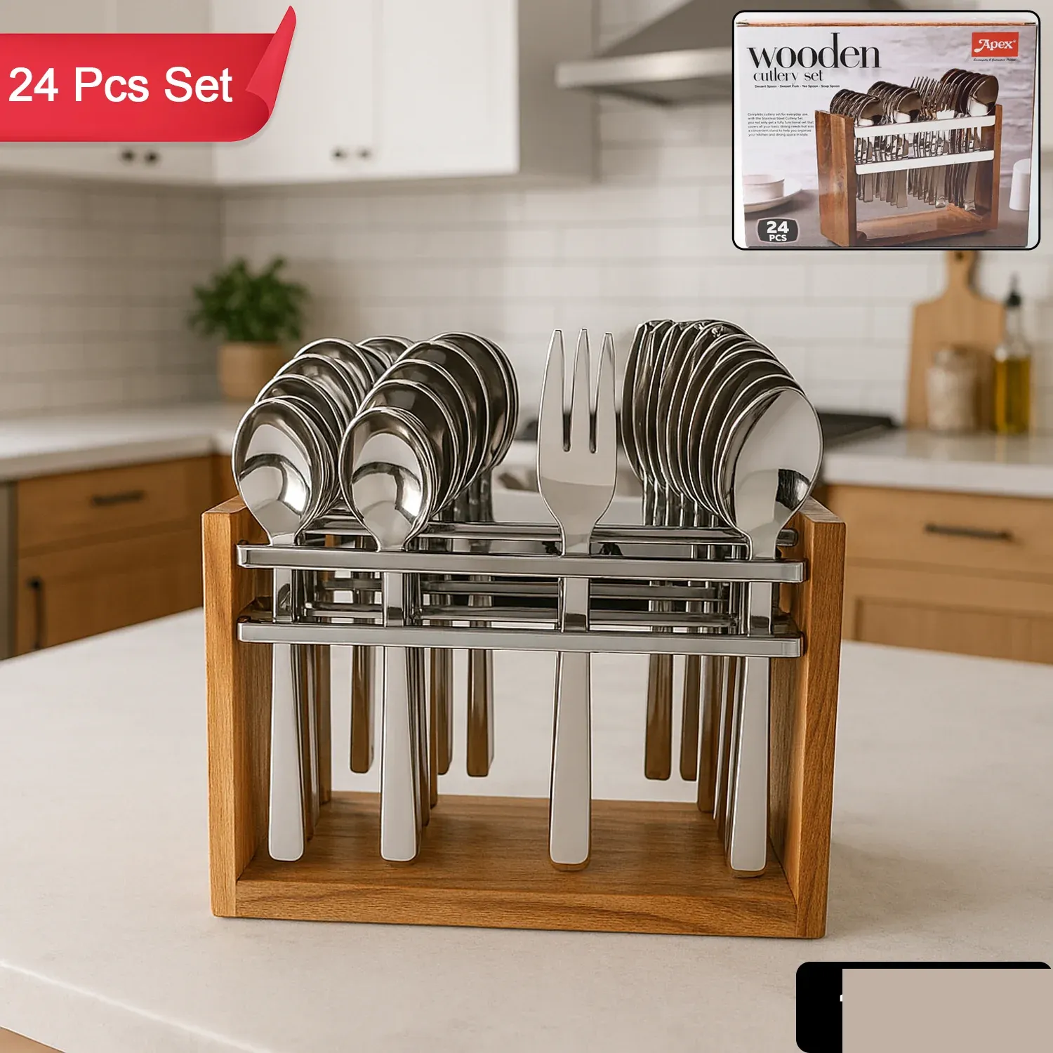 Stainless Steel Cutlery Set – Durable 24-Piece with Wooden Stand - Detailed Feature View 1