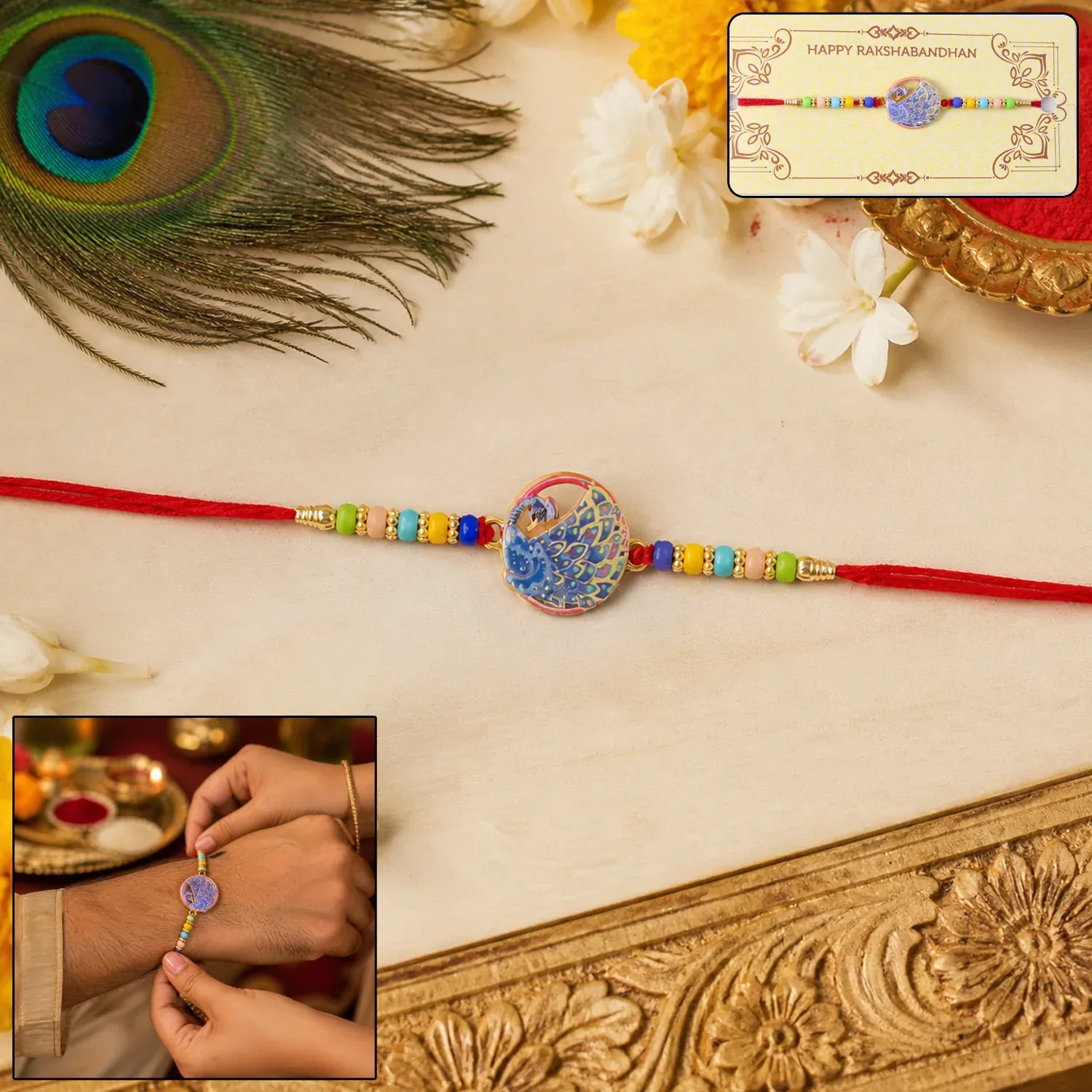 Peacock Rakhi – Vibrant Multicolor Beads for Raksha Bandhan - Detailed Feature View 1