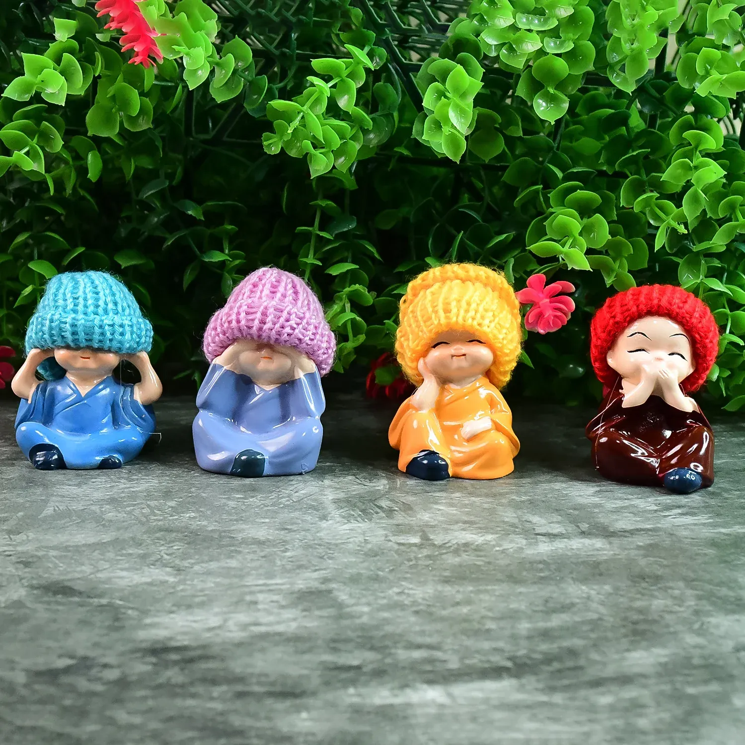 Resin Monk Buddha Showpiece Set of 4 – Spiritual Home Decor - Detailed Feature View 2