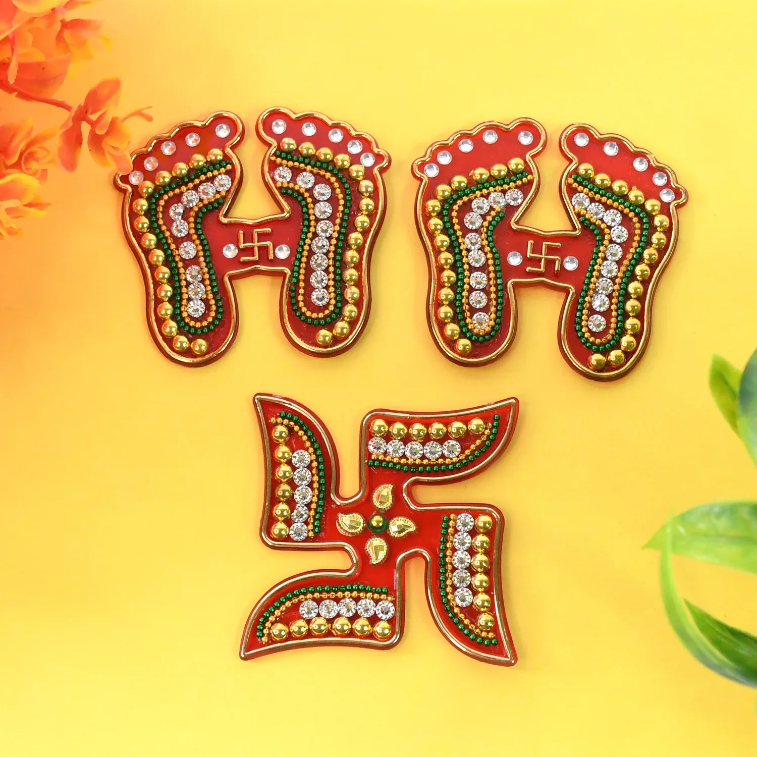Premium Laxmi Charan & Swastik Decorative Sticker Set – 3pc Festive Rangoli - Buy Online at Alikart