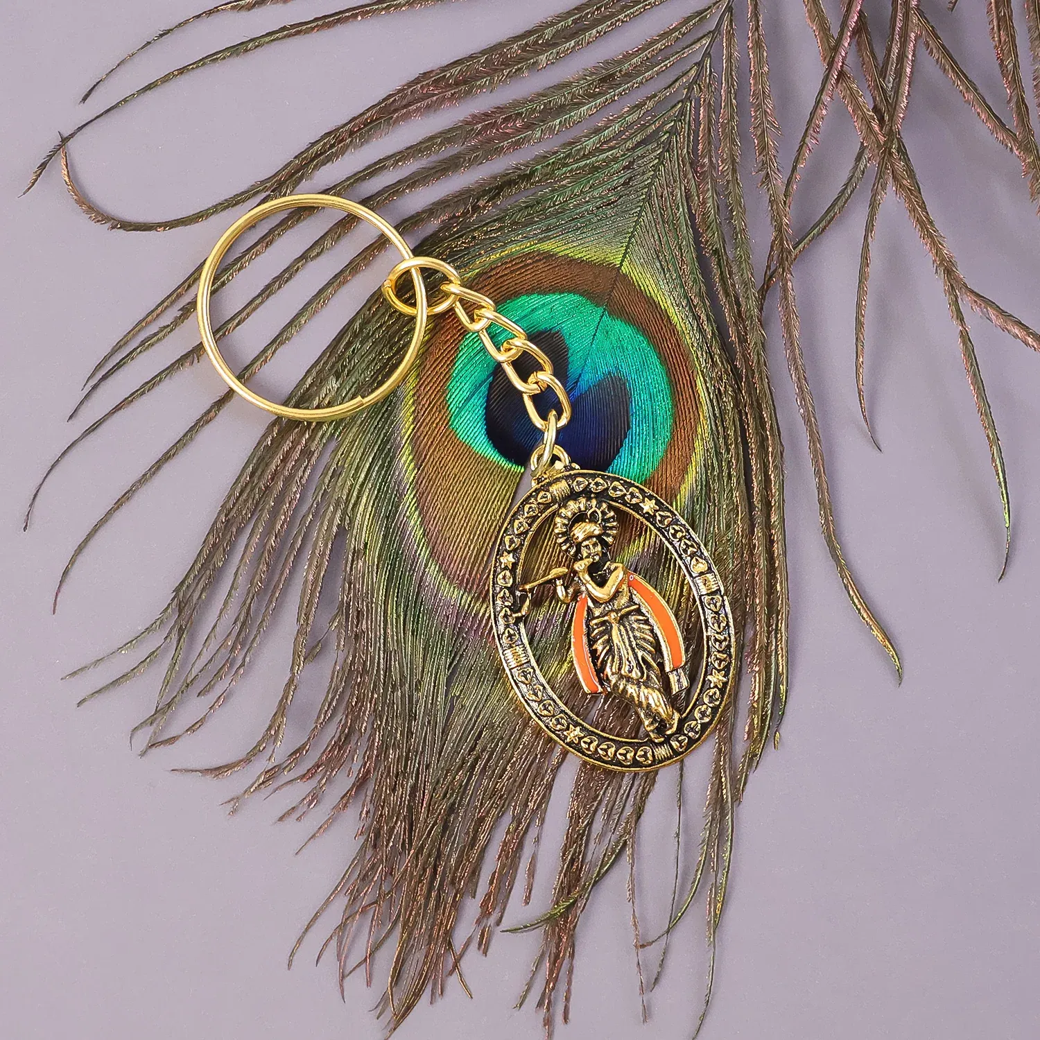 Lord Krishna Metal Keychain – Traditional Spiritual Accessory - Detailed Feature View 3