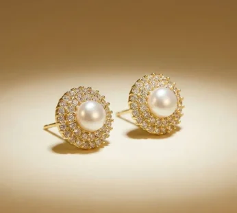 Pearl Stud Earrings – Elegant Gold Finish with Crystal Border