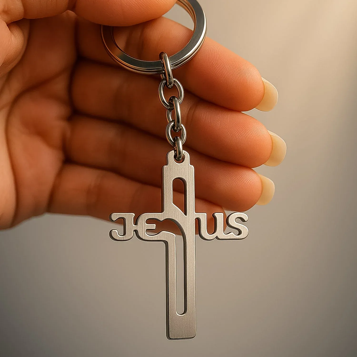 Metal Cross Keychain – Gujarati Jesus Script for Spiritual Style - Detailed Feature View 3