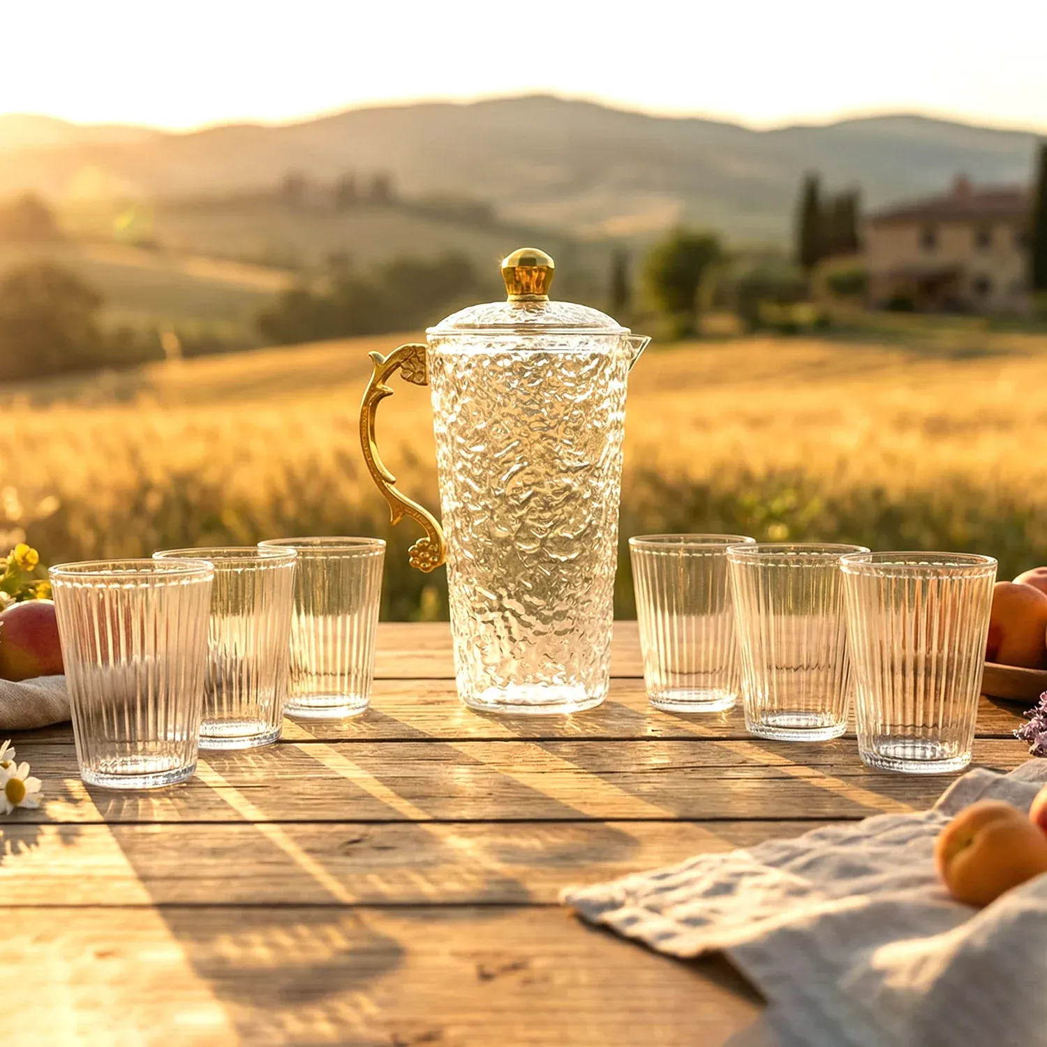 Textured Glass Water Jug Set – Elegant 1 Jug with 6 Glasses - Detailed Feature View 2