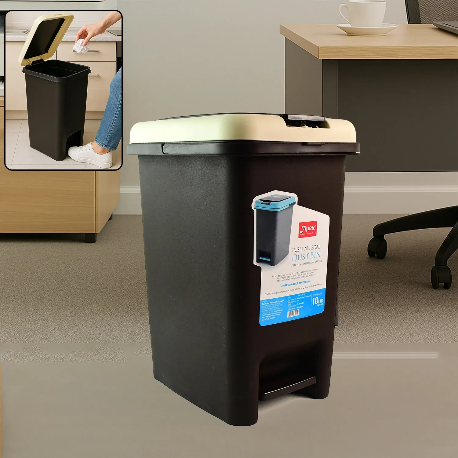 Premium Push N Pedal Plastic Dustbin – 10L Capacity, Hands-Free Hygiene - Buy Online at Alikart