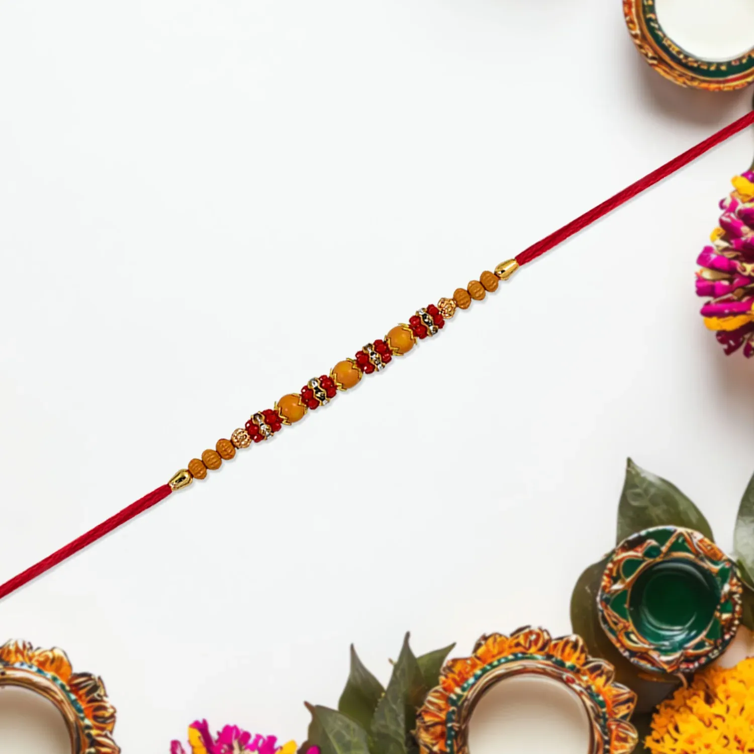 Multicolor Beaded Rakhi – Festive Stone Detail & Red Thread - Detailed Feature View 2