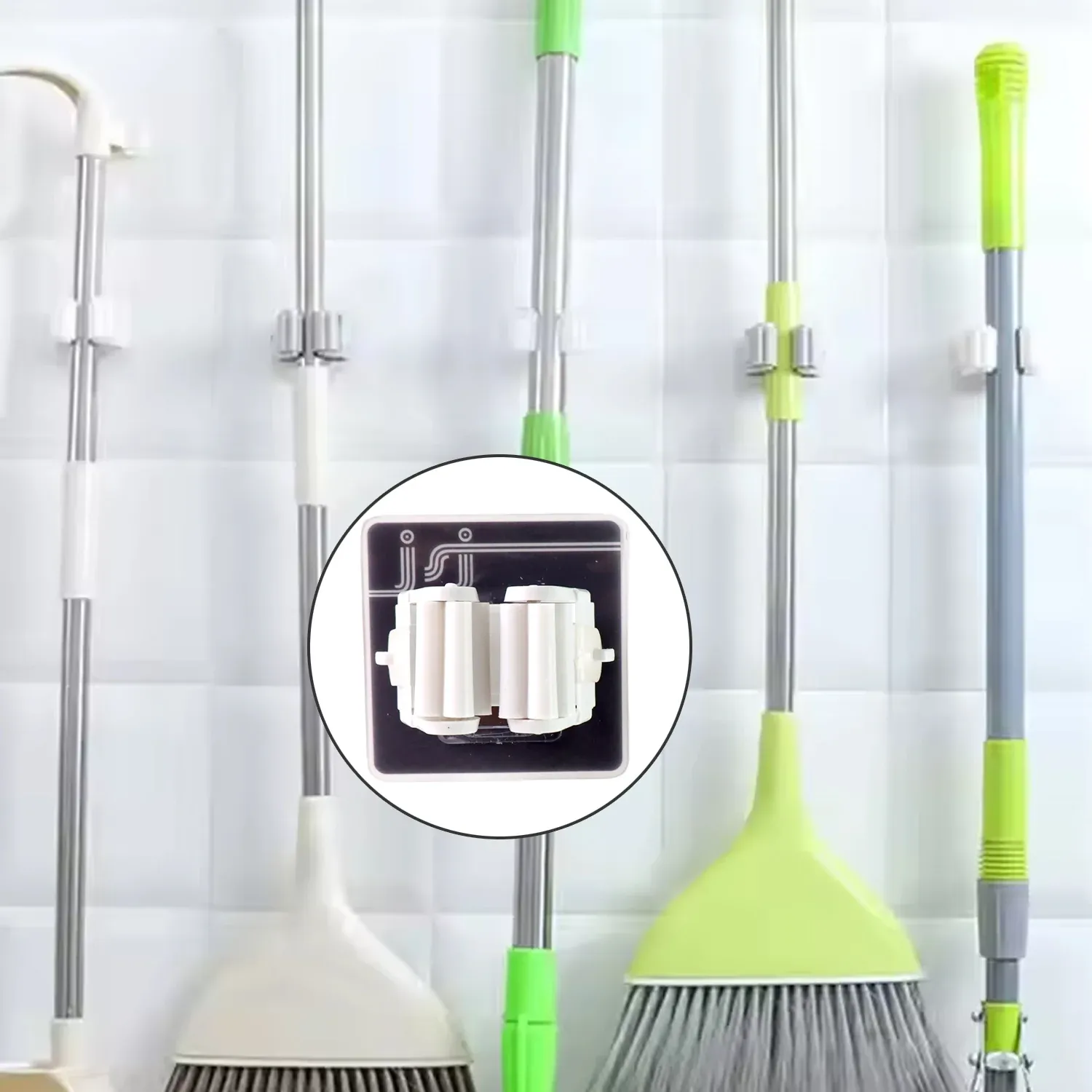 Wall Mounted Mop & Broom Holder – No-Drill Adhesive | GlimmerHome - Detailed Feature View 3