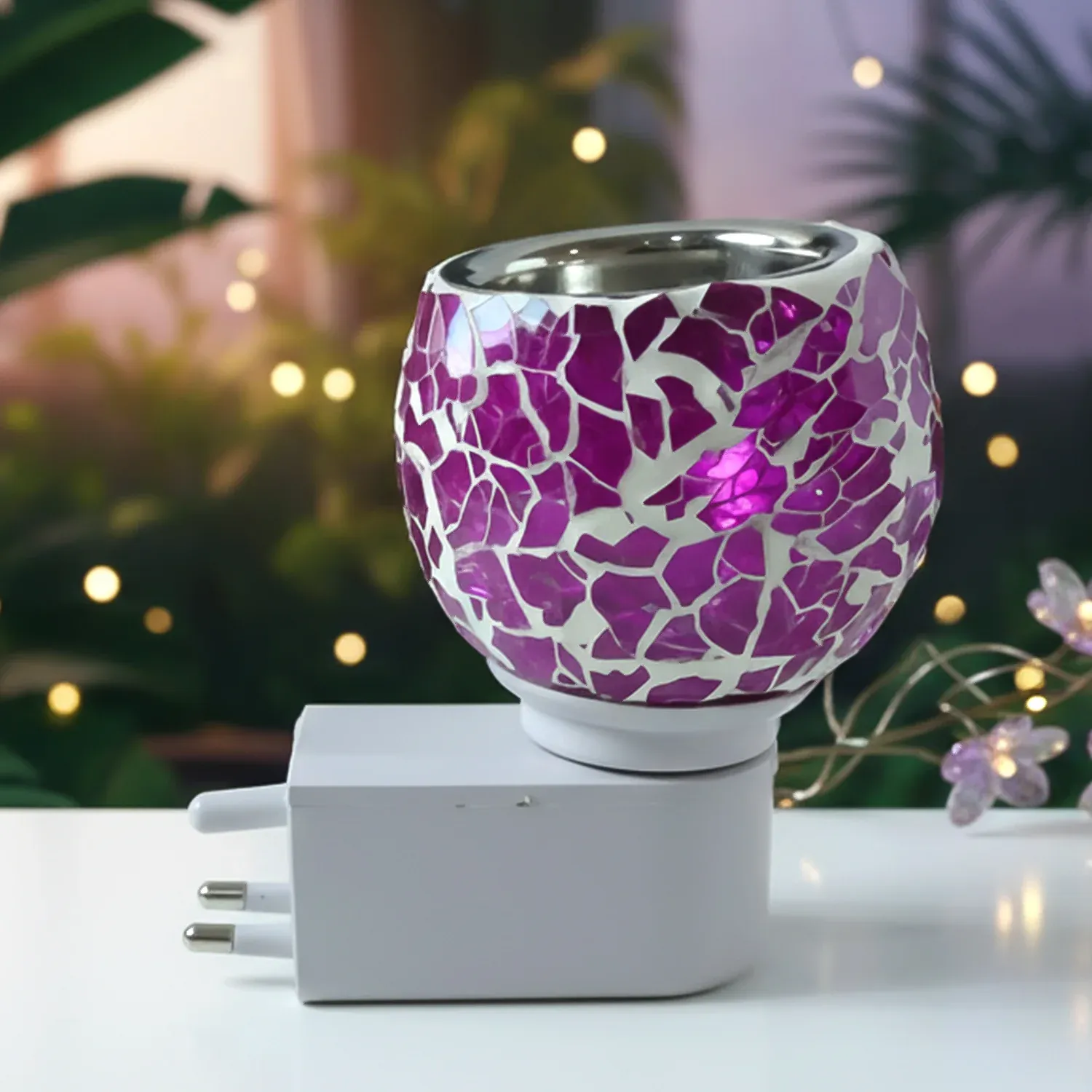Premium Plug-In Aroma Diffuser Lamp – Purple Mosaic Glass Night Light - Buy Online at Alikart