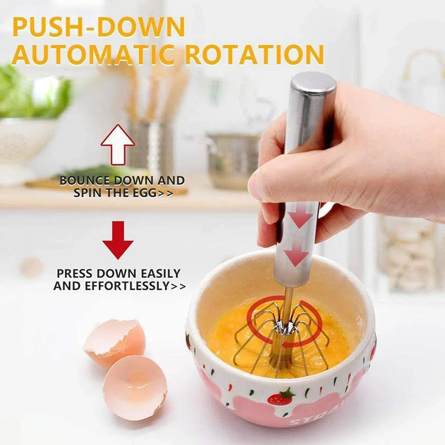 Stainless Steel Egg Whisk – Hand Push Rotary | Quickslice - Detailed Feature View 4