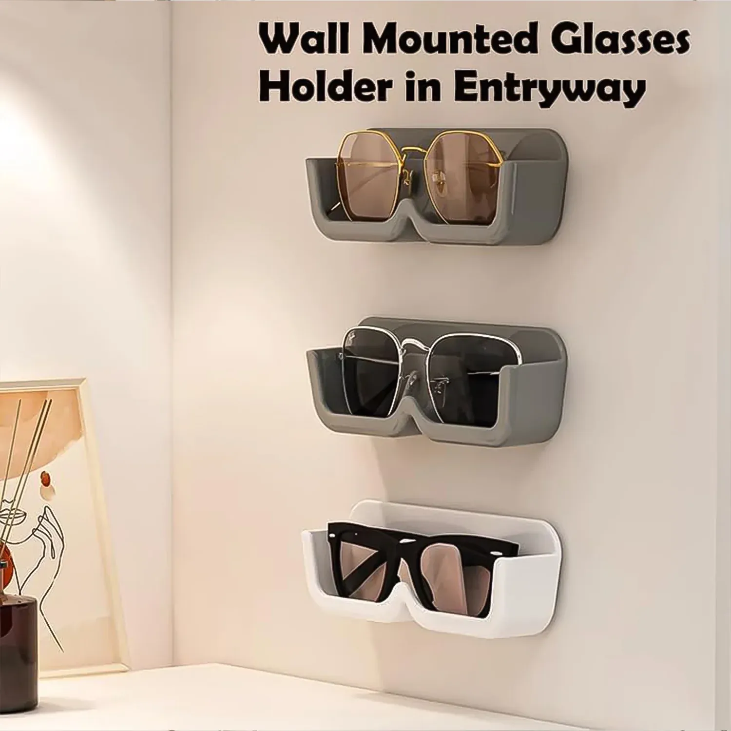 Wall Mounted Sunglasses Holder – 4 Pc Adhesive Set | GlimmerHome - Detailed Feature View 5