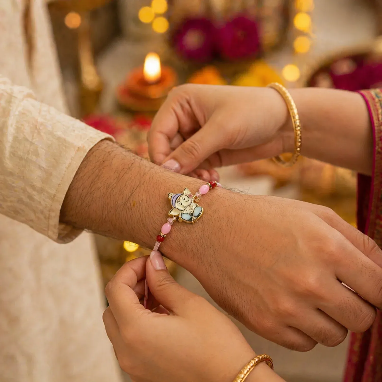 Ganesha Rakhi – Beautiful Pink and Red Beads for Raksha Bandhan - Detailed Feature View 2