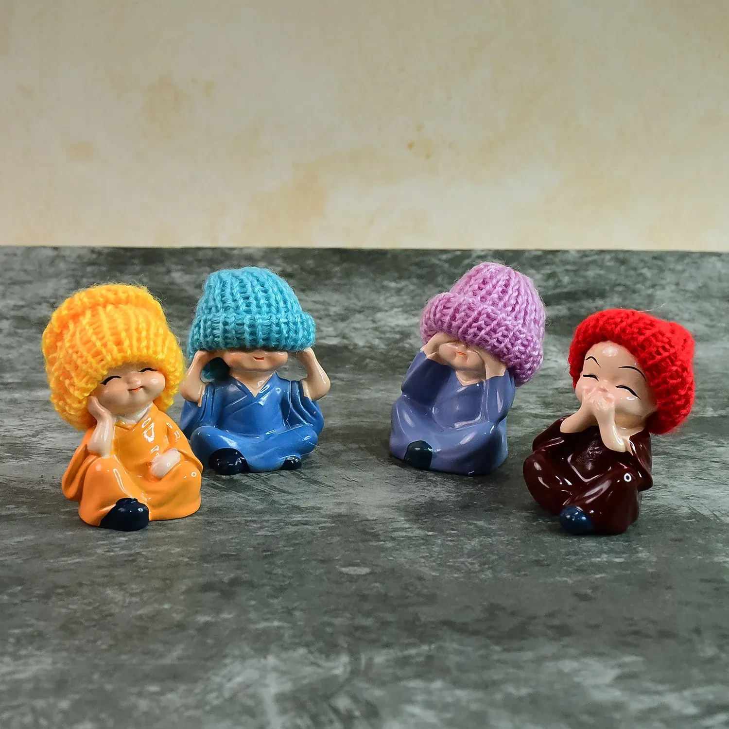 Resin Monk Buddha Showpiece Set of 4 – Spiritual Home Decor - Detailed Feature View 3