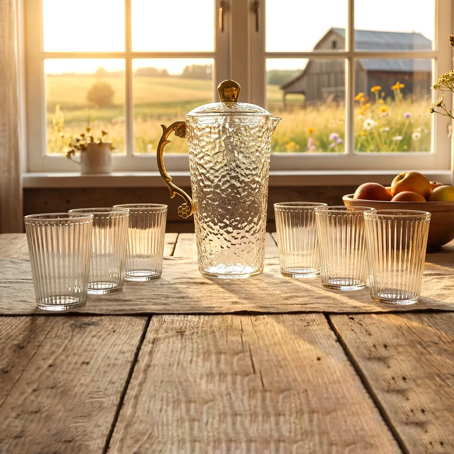 Textured Glass Water Jug Set – Elegant 1 Jug with 6 Glasses - Detailed Feature View 6