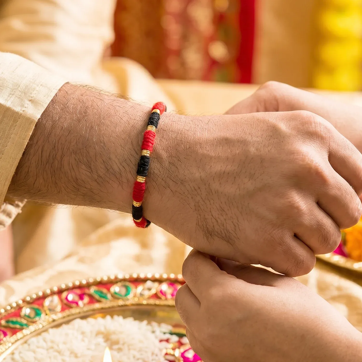 Handmade Rakhi – Traditional Beaded Thread with Golden Accents - Detailed Feature View 4