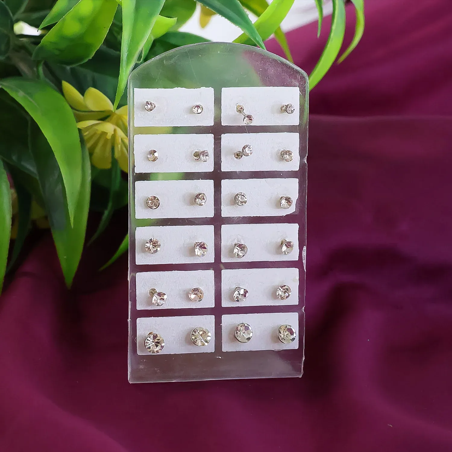 Silver-Plated Stud Earrings Set of 12 – Elegant Single Stone Design - Detailed Feature View 1