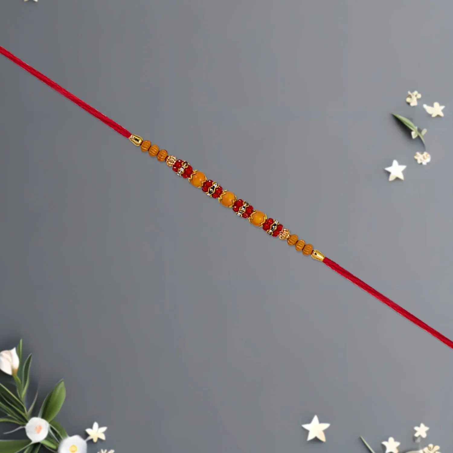 Multicolor Beaded Rakhi – Festive Stone Detail & Red Thread - Detailed Feature View 3