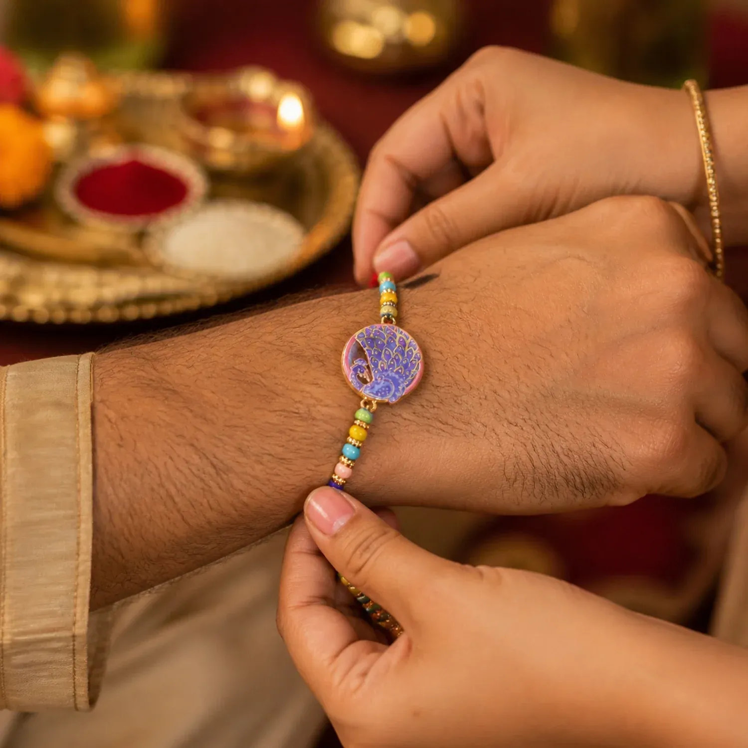 Peacock Rakhi – Vibrant Multicolor Beads for Raksha Bandhan - Detailed Feature View 3