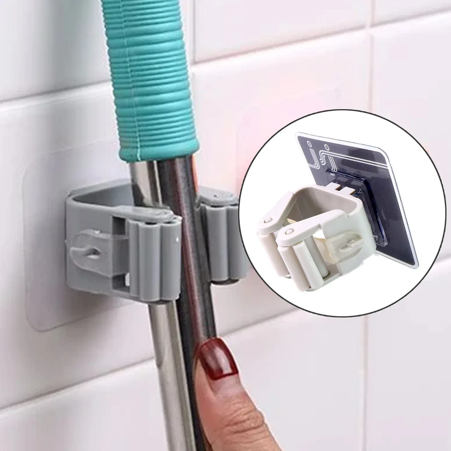 Wall Mounted Mop & Broom Holder – No-Drill Adhesive | GlimmerHome - Detailed Feature View 2
