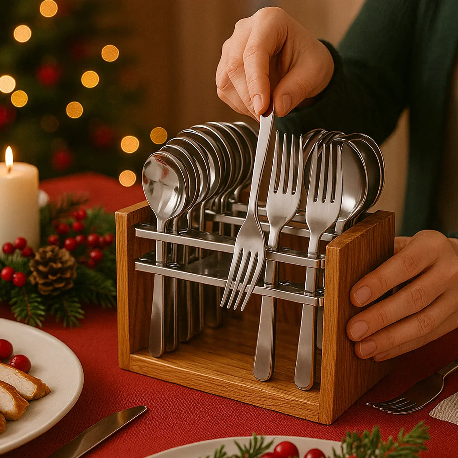 Stainless Steel Cutlery Set – Durable 24-Piece with Wooden Stand - Detailed Feature View 3