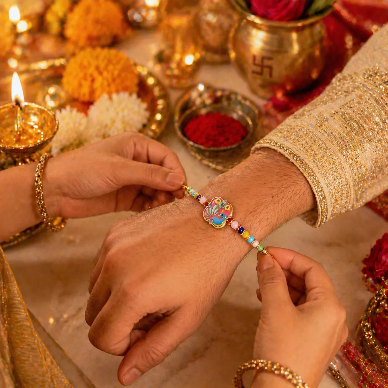Rakhi – Colorful Peacock Design with Decorative Beads for Raksha Bandhan - Detailed Feature View 4