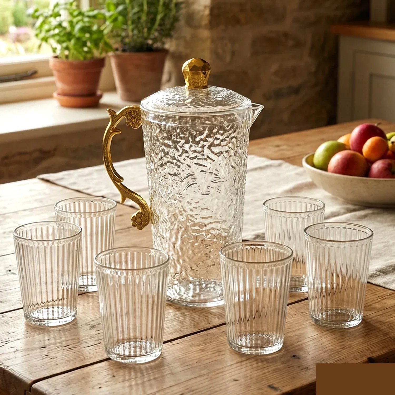 Textured Glass Water Jug Set – Elegant 1 Jug with 6 Glasses - Detailed Feature View 3