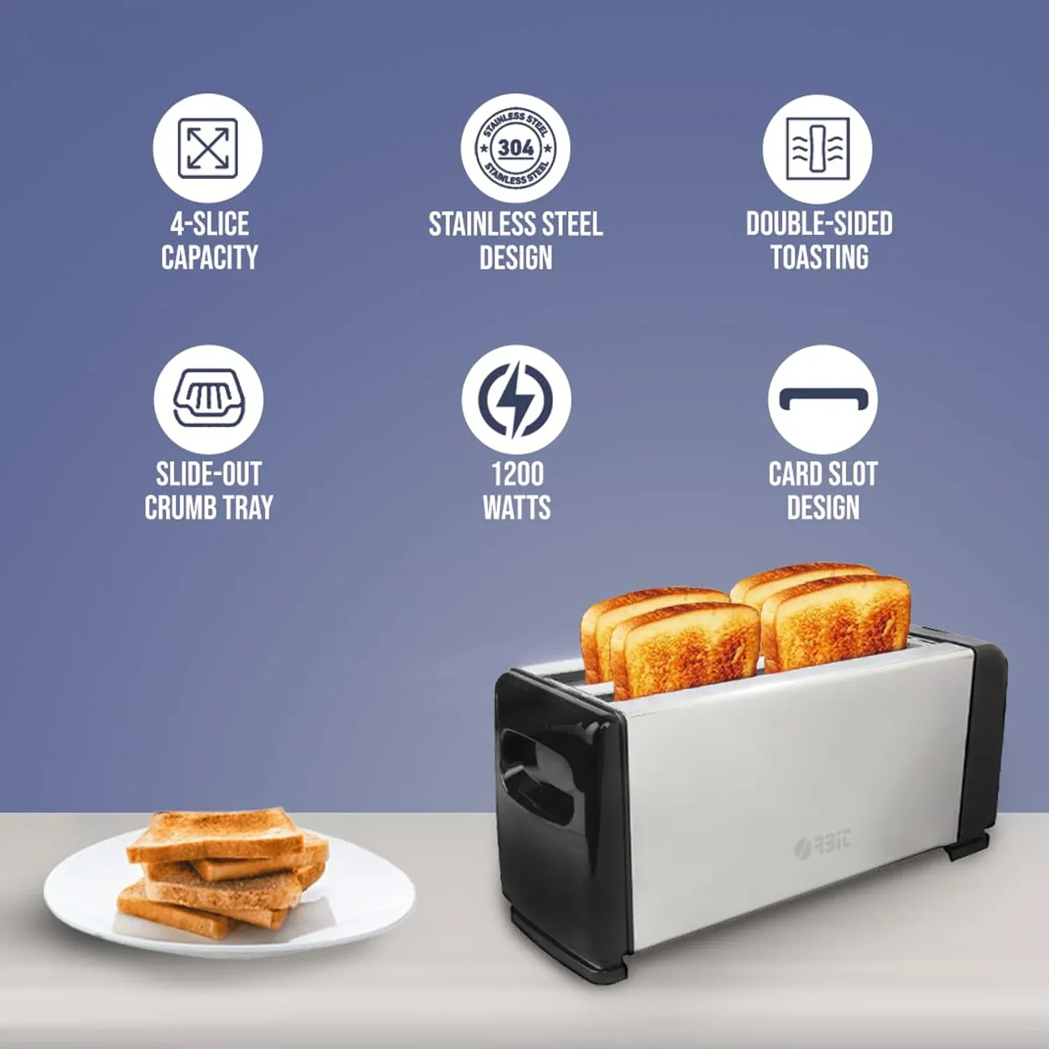 Pop-Up Toaster 1200W – 4-Slice Adjustable Browning Stainless Steel - Detailed Feature View 6