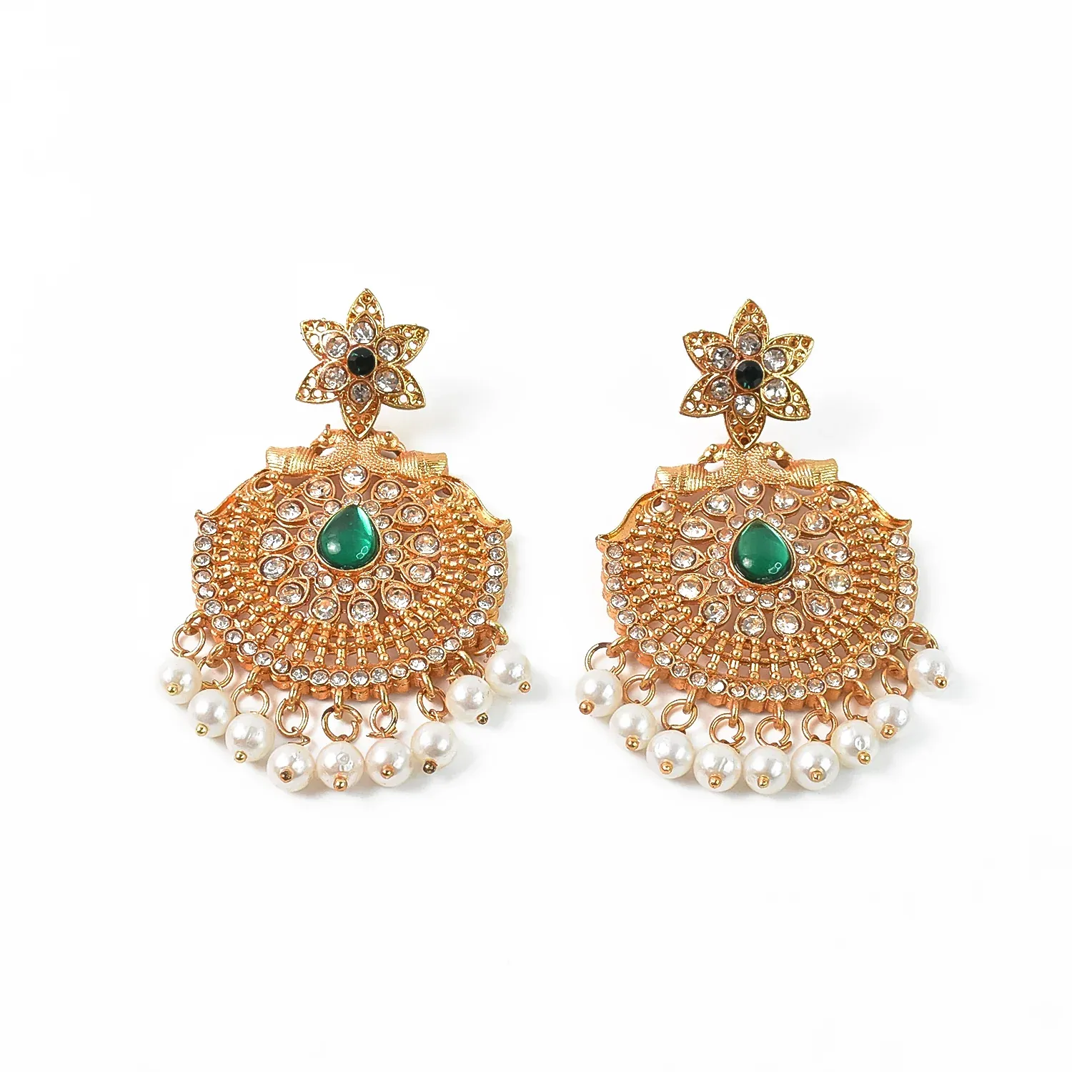 Peacock Design American Diamond Pearl Earrings – Elegant Dangle Pair - Detailed Feature View 2