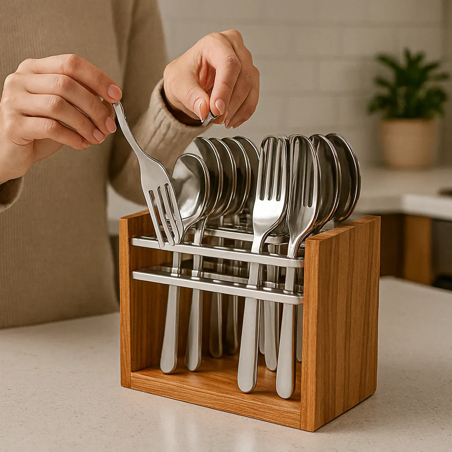 Stainless Steel Cutlery Set – Durable 24-Piece with Wooden Stand - Detailed Feature View 5
