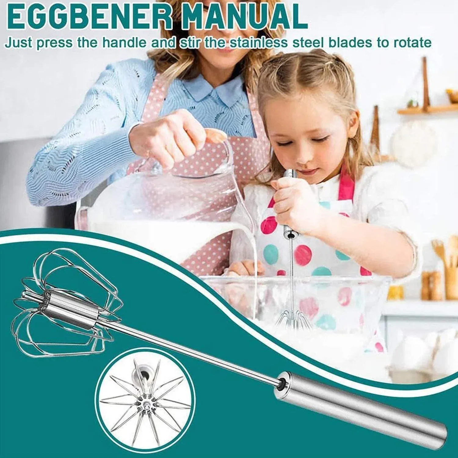 Stainless Steel Egg Whisk – Hand Push Rotary | Quickslice - Detailed Feature View 7