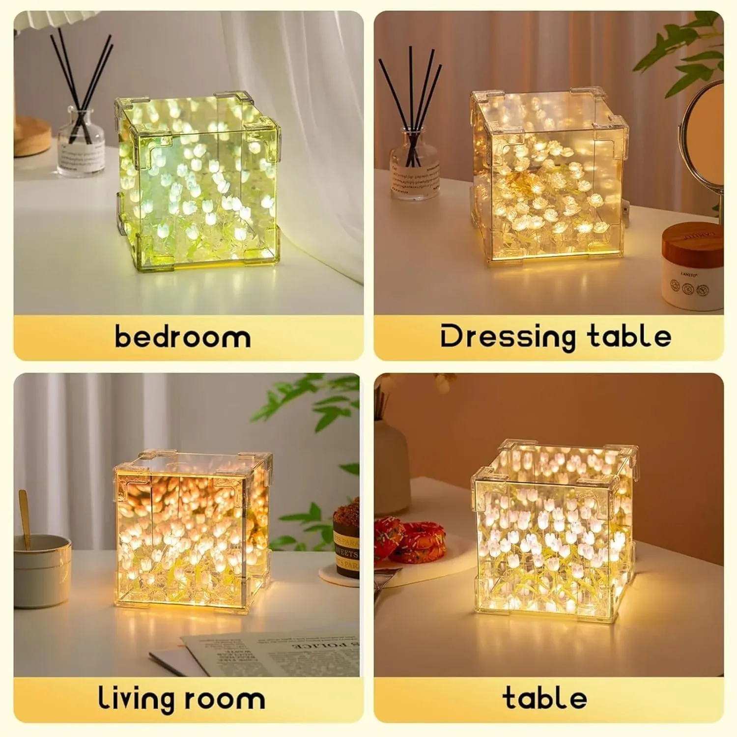 Tulip Flower LED Cube Night Lamp – Warm Ambient Decorative Light - Detailed Feature View 2