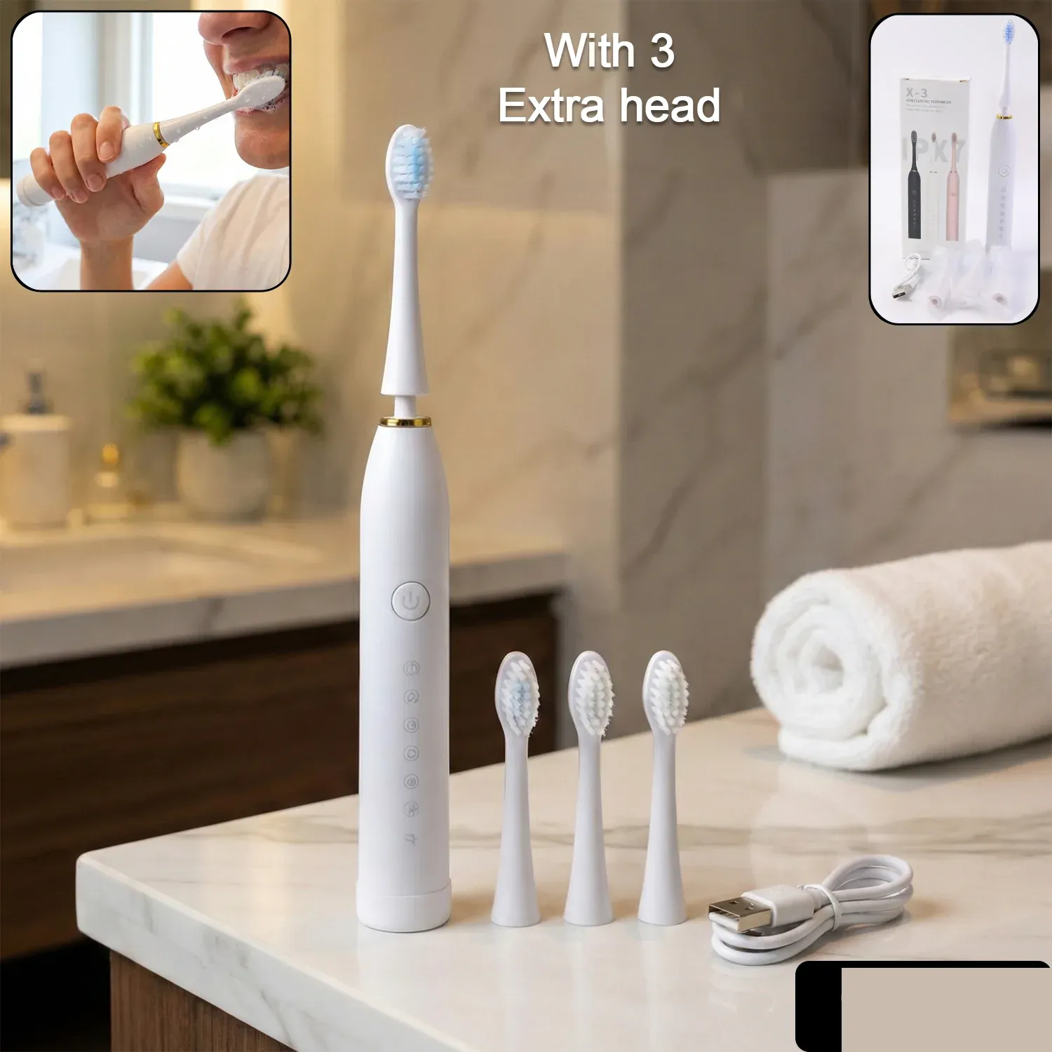 Electric Toothbrush – Rechargeable with 3 Extra Replacement Heads - Detailed Feature View 1