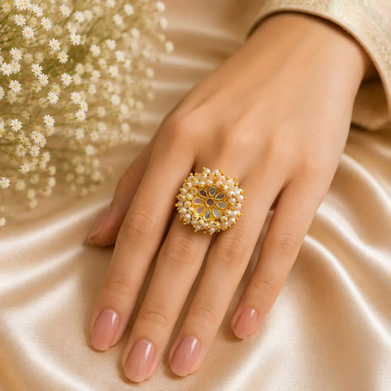 Pearl Kundan Floral Statement Ring – Elegant Gold Plated Finish - Detailed Feature View 1