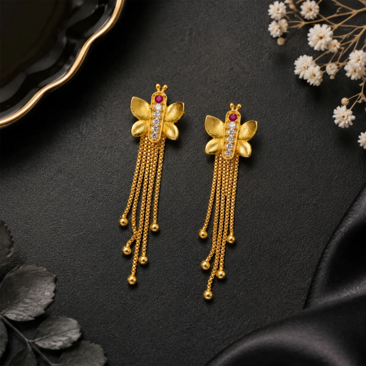 Gold Insect-Shaped Dangle Earrings, Multi-Strand Chain Tassels & Fl... - Detailed Feature View 3