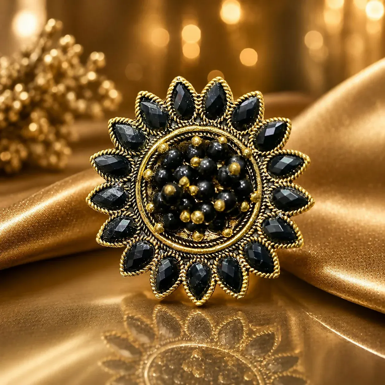 Premium Black Floral Statement Ring – Vintage Gold Finish for Women - Buy Online at Alikart
