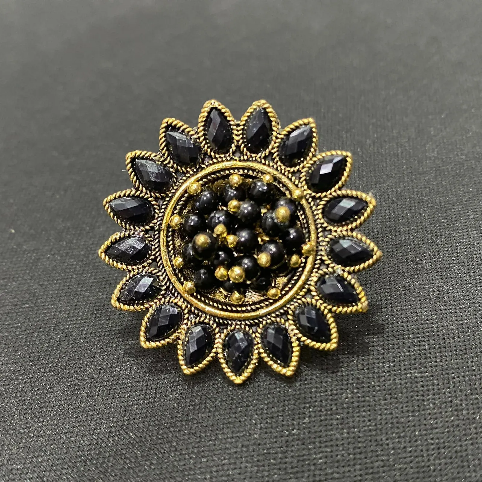 Black Floral Statement Ring – Vintage Gold Finish for Women - Detailed Feature View 4