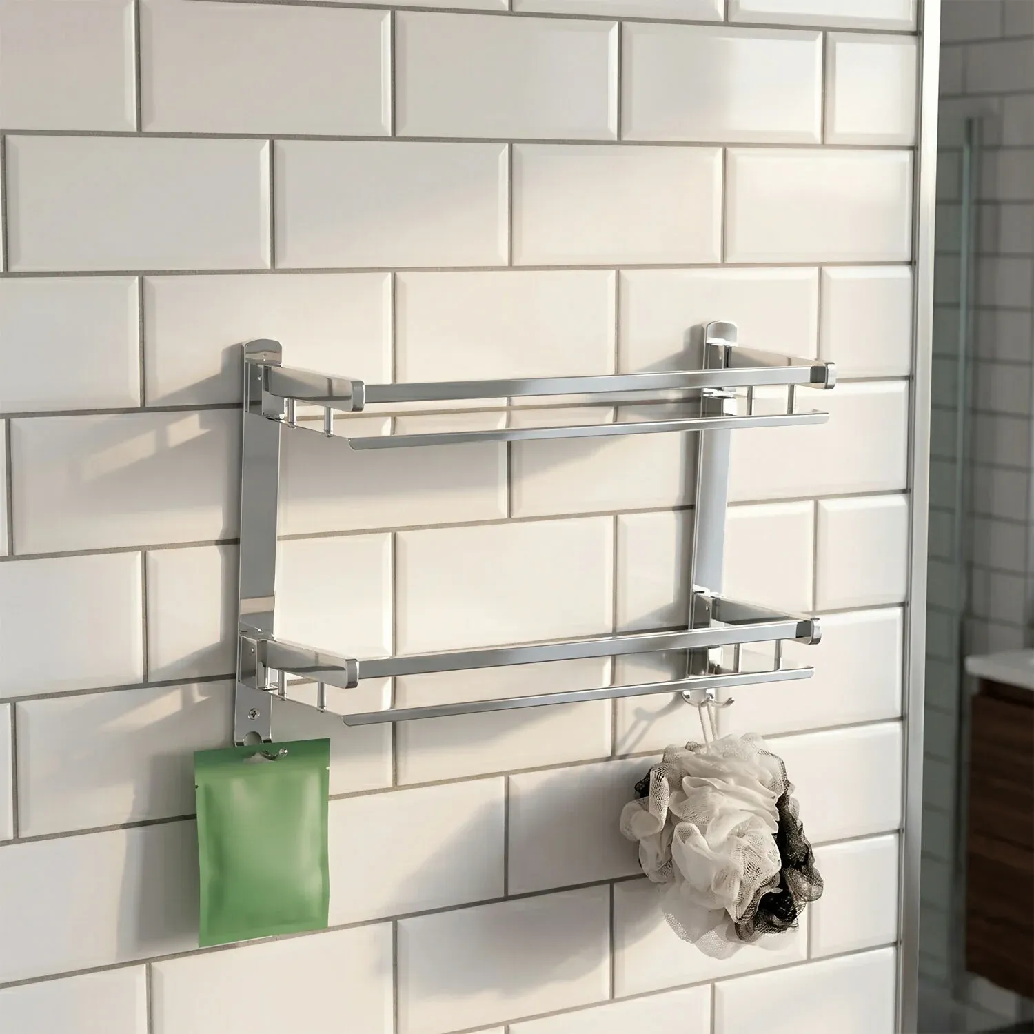 Wall Mount Bathroom Rack – Stylish 2-Layer Stainless Steel Storage - Detailed Feature View 1