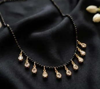 Elegant Black Beaded Mangalsutra Necklace with Crystal Teardrop Dangle Charms