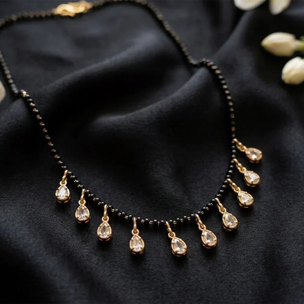 Premium Elegant Black Beaded Mangalsutra Necklace with Crystal Teardrop Dangle Charms - Buy Online at Alikart