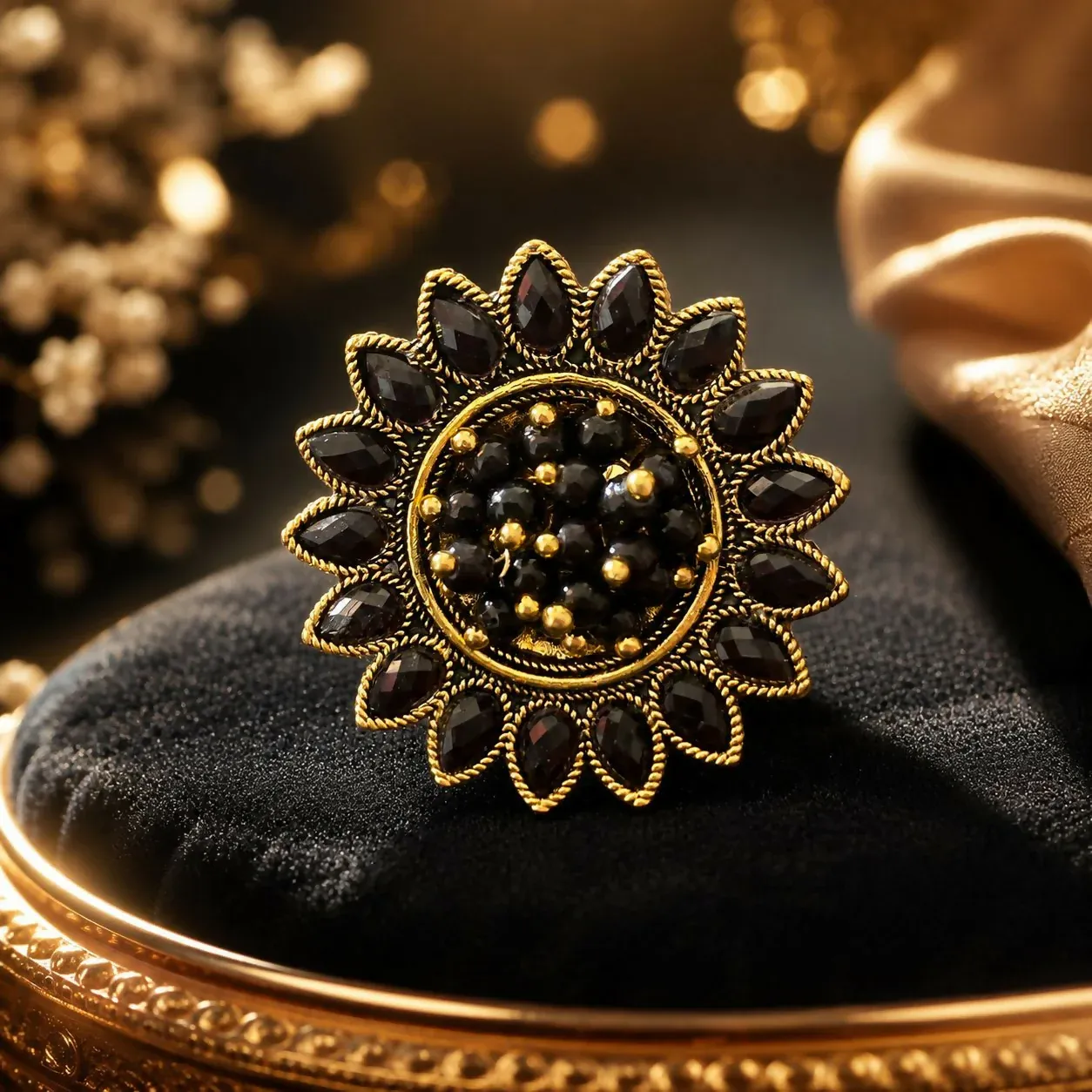 Black Floral Statement Ring – Vintage Gold Finish for Women - Detailed Feature View 3
