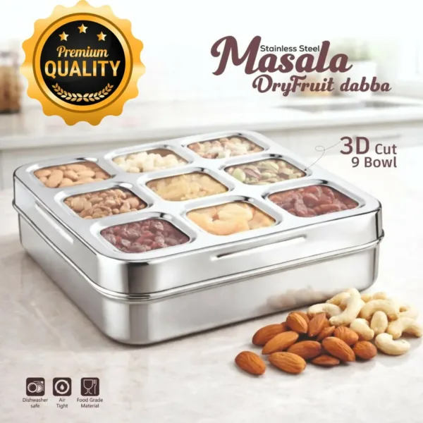 Stainless Steel Masala & Dry Fruit Dabba – 9 Spacious Compartments