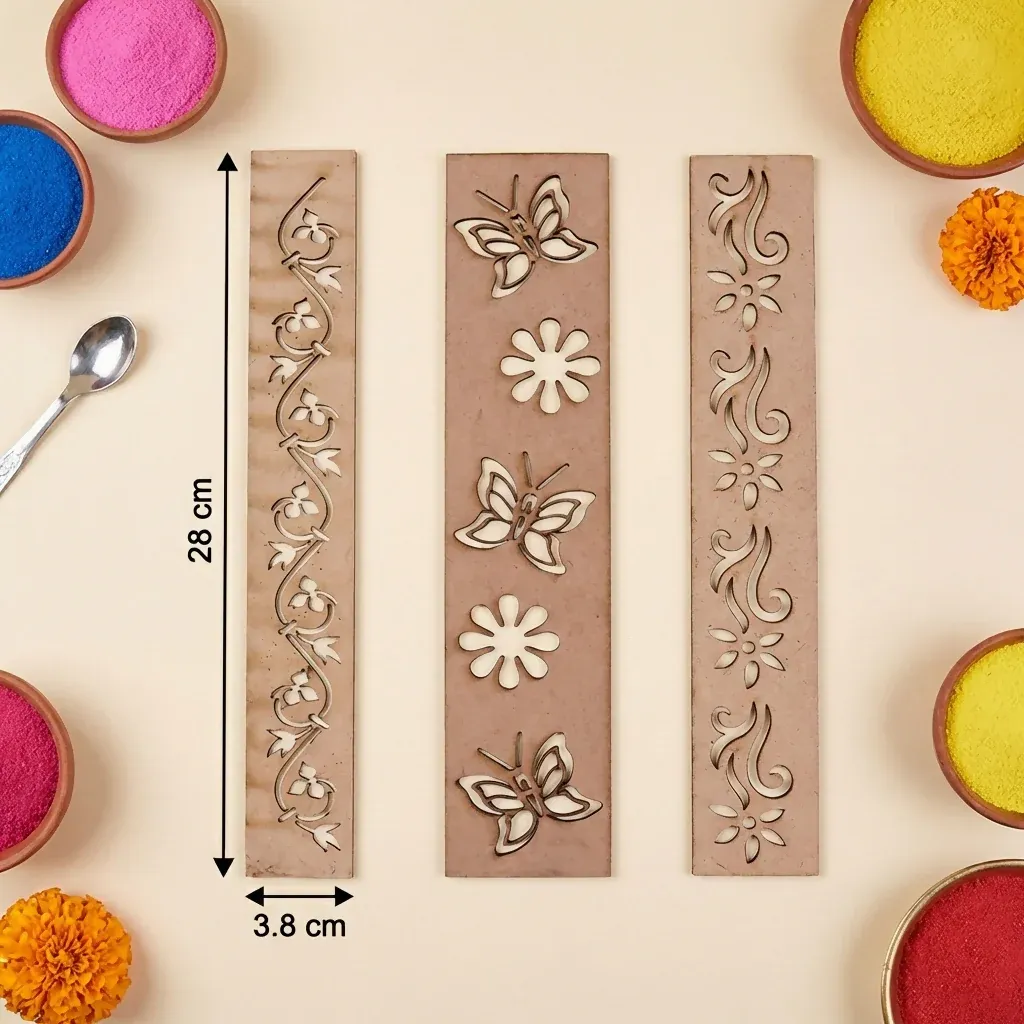 Wooden Rangoli Border Stencils – 3 Reusable Umbra Patti Designs - Detailed Feature View 3