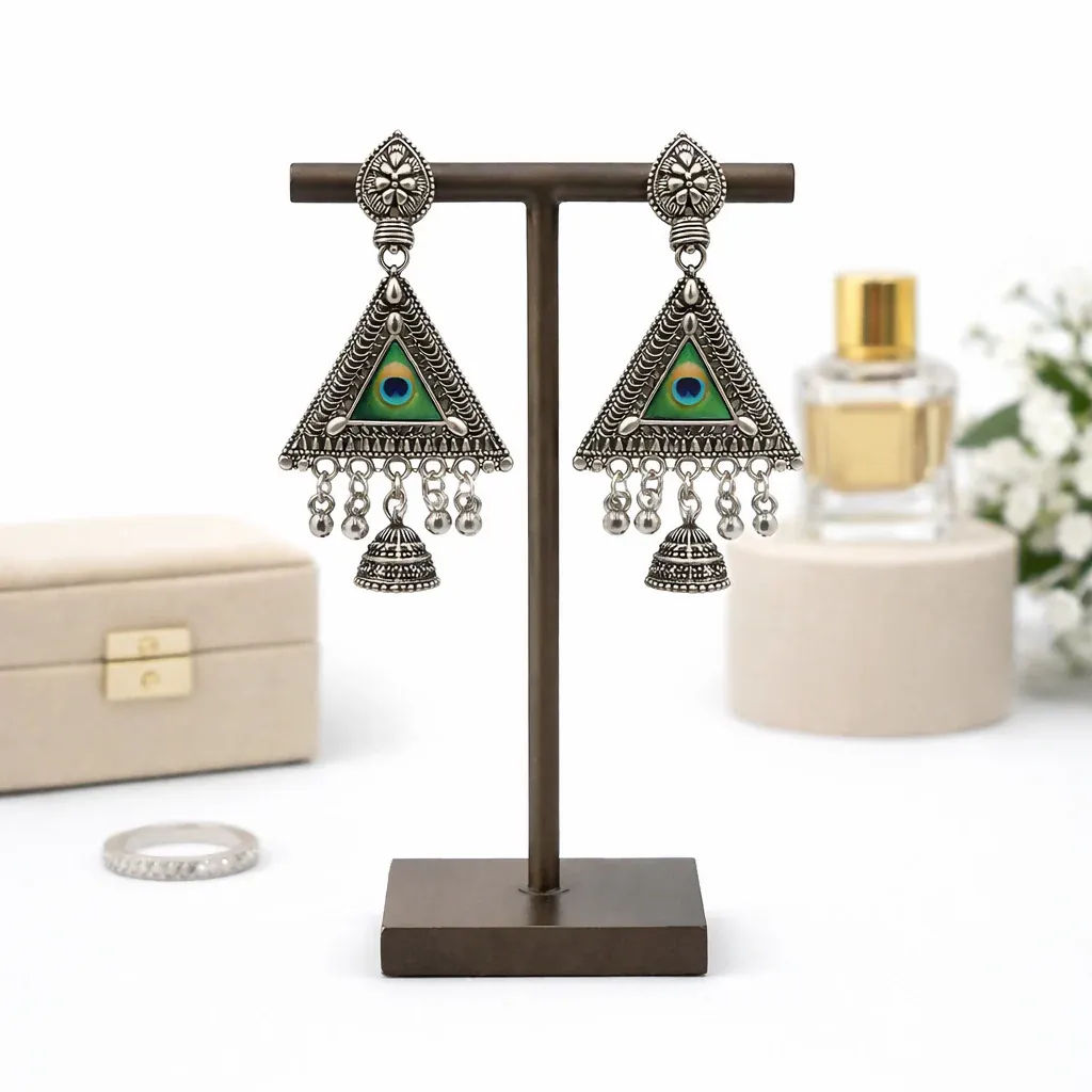 Premium Traditional silver peacock jhumka earrings – Elegant tribal design - Buy Online at Alikart