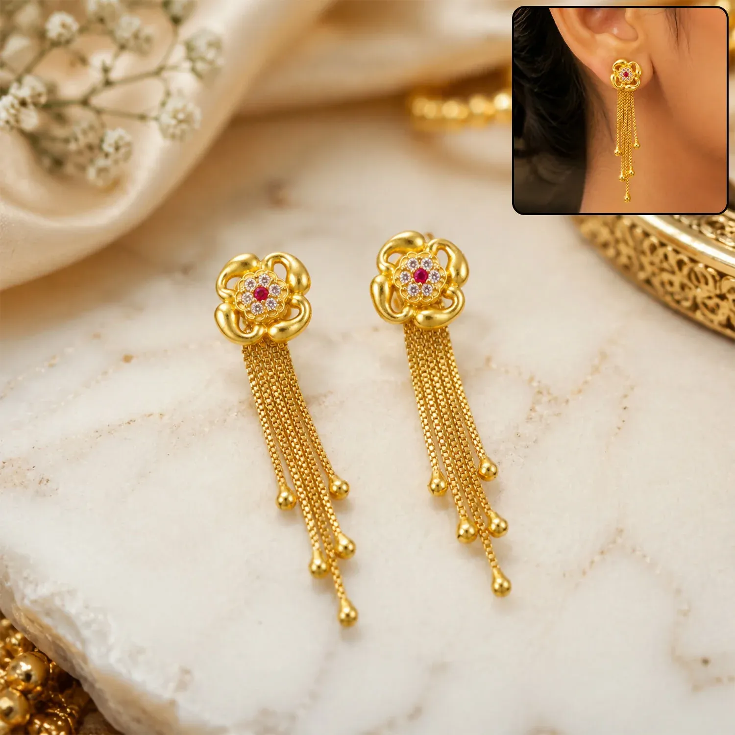 Premium Gold 3D Blossom Dangle Earrings, Multi-Strand Mesh Chain Tassels &... - Buy Online at Alikart
