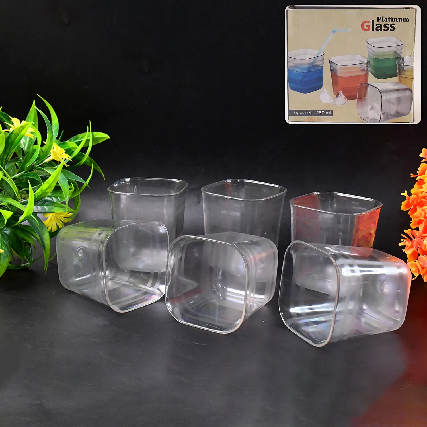 Premium Transparent Diamond Plastic Glass Set – 6 Pieces with Tray - Buy Online at Alikart